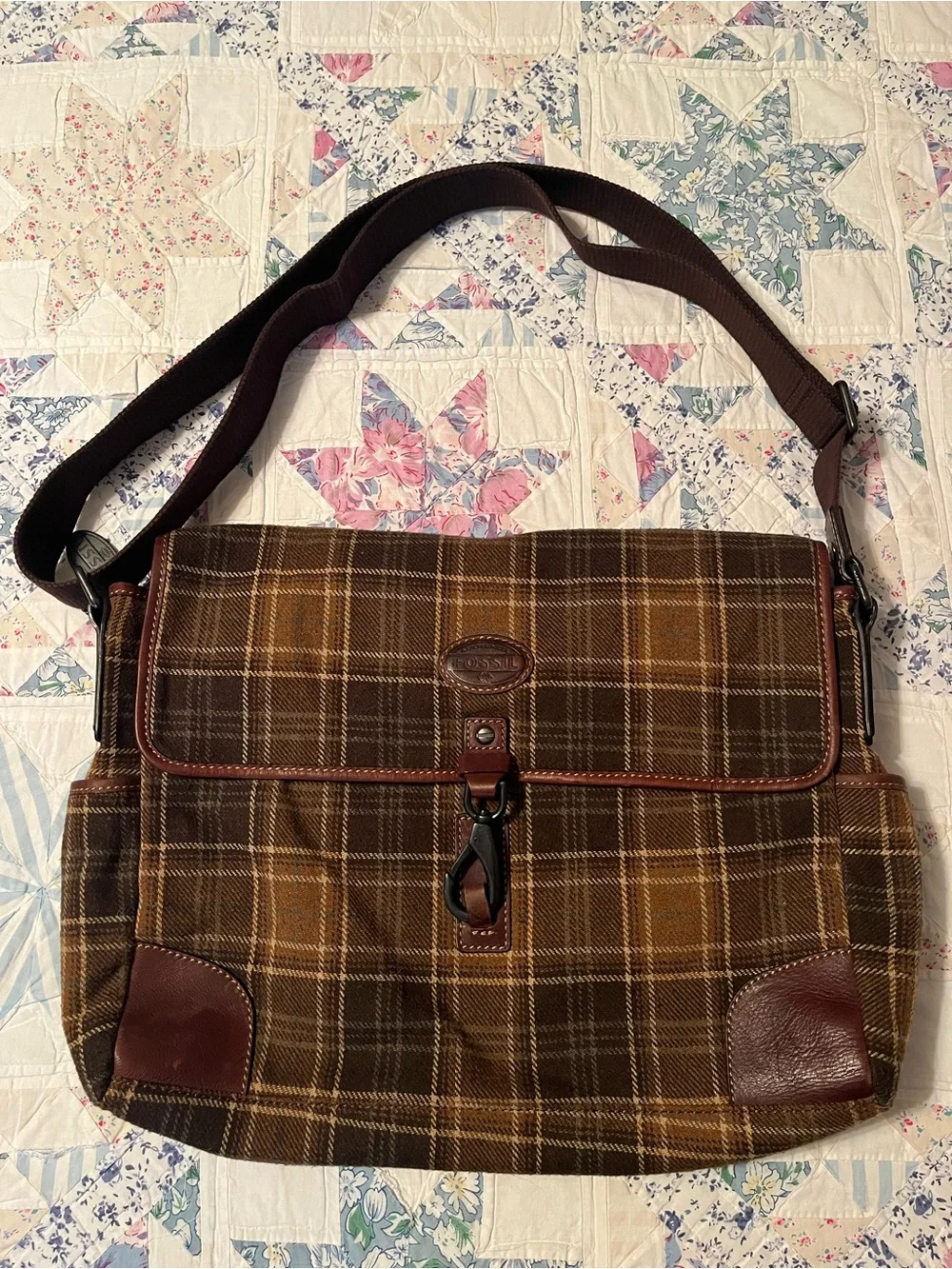 90s Y2K Brown Plaid fossil Messenger laptop  Bag with Leather Trim - Shoulder Ba